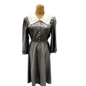 HH PETITES Grey‎ Dress, Eyelet Collar,Vintage,Prarie,Pilgrim,Churchy,Grandma